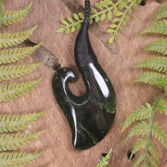 Hei Matau or Fish Hook carved from Kawakawa Pounamu - NZ Greenstone