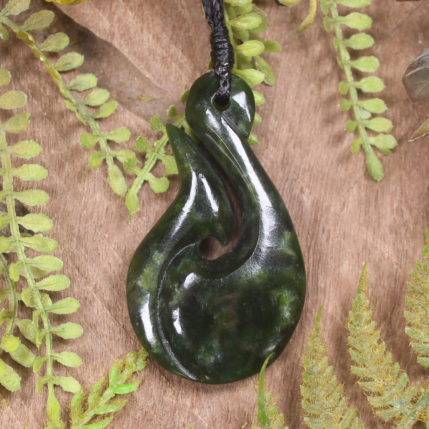 Hei Matau or Fish Hook carved from Rimu Pounamu - NZ Greenstone