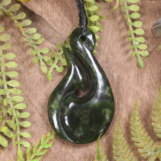 Hei Matau or Fish Hook carved from Rimu Pounamu - NZ Greenstone