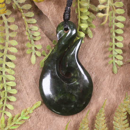Hei Matau or Fish Hook carved from Rimu Pounamu - NZ Greenstone