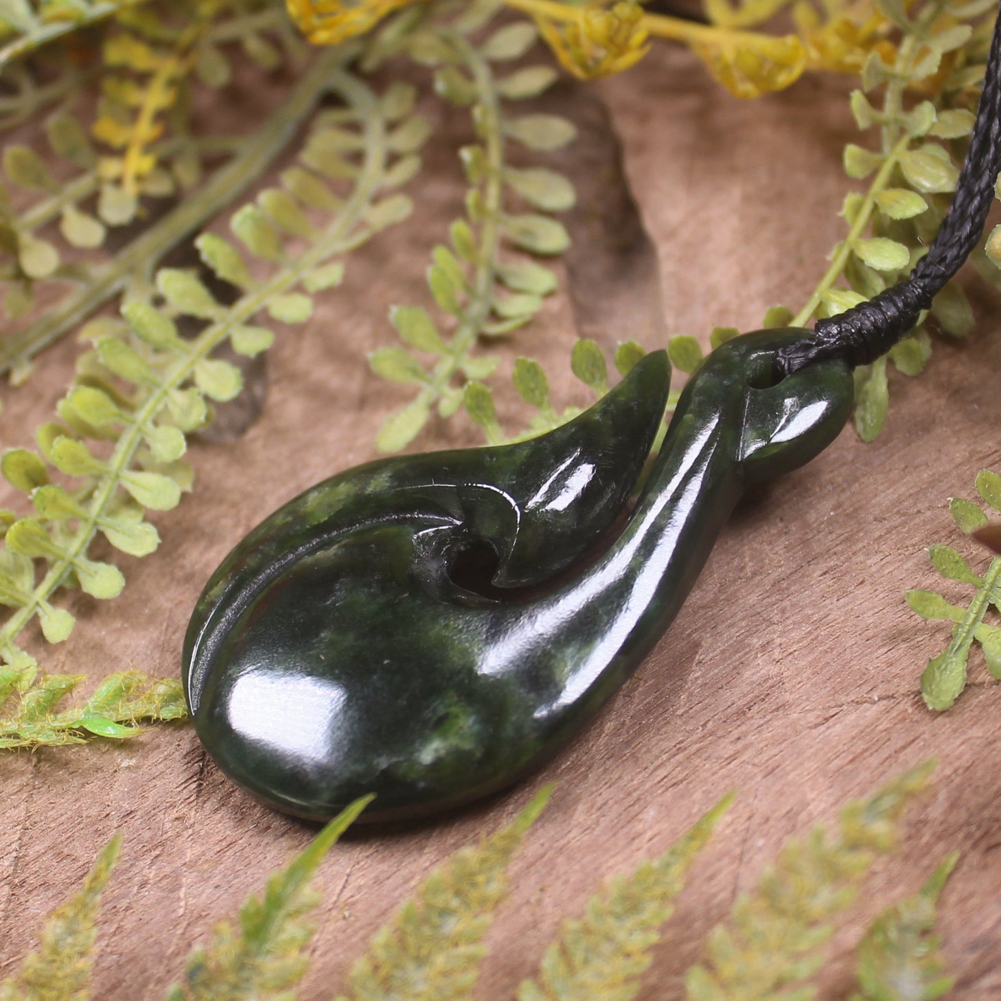 Hei Matau or Fish Hook carved from Rimu Pounamu - NZ Greenstone
