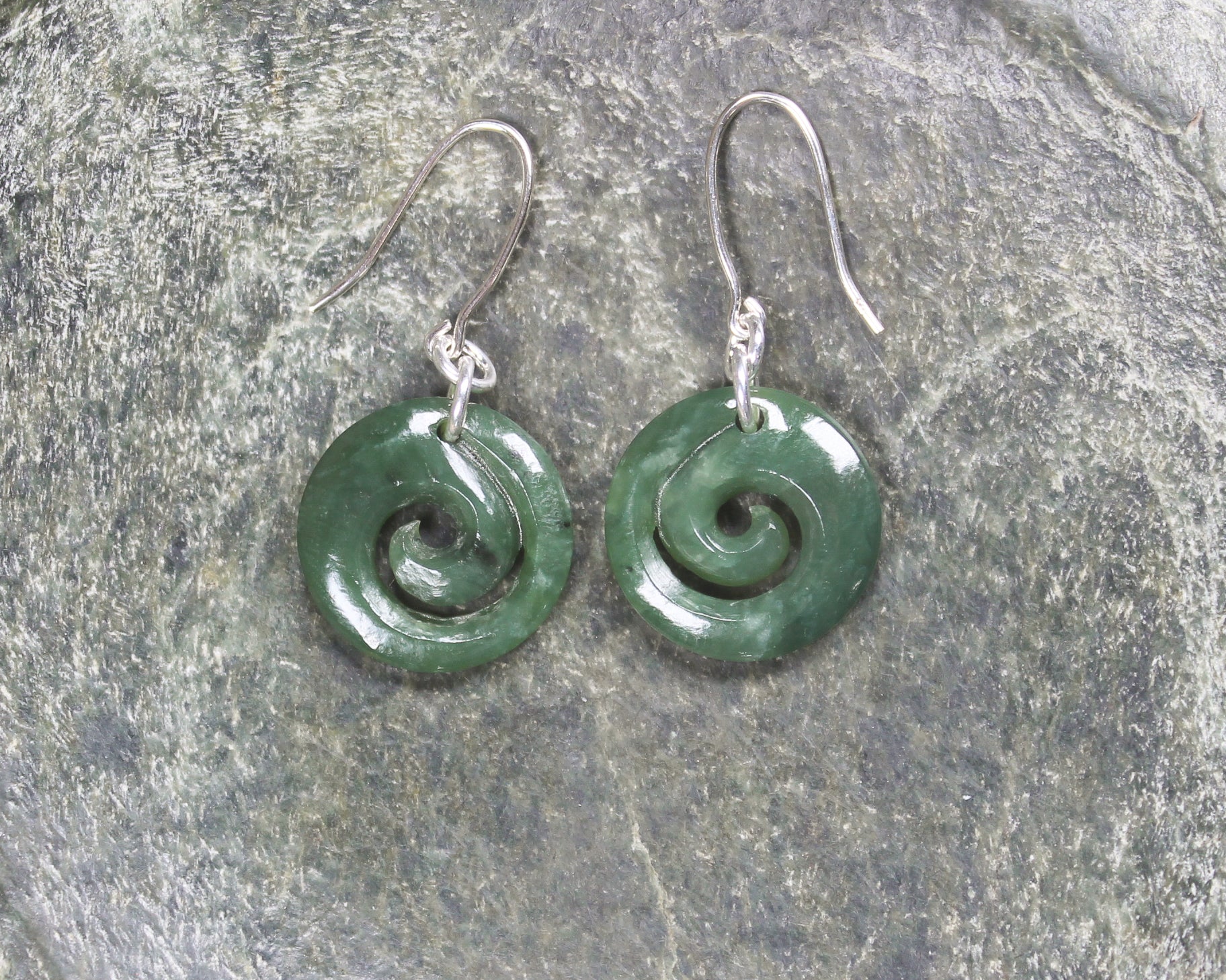 Koru Earrings carved from Hapopo Pounamu - NZ Greenstone