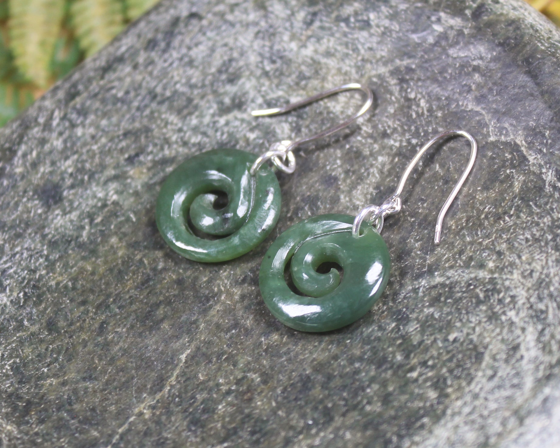 Koru Earrings carved from Hapopo Pounamu - NZ Greenstone