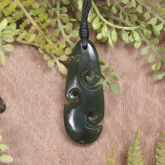 Roimata or Teardrop with Koru carved from Kawakawa Pounamu - NZ Greenstone