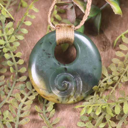 Porowhita with Koru carved from Flower Jade Pounamu - NZ Greenstone