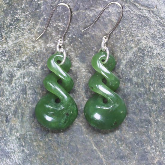 Twist Earrings carved from Hapopo Pounamu - NZ Greenstone