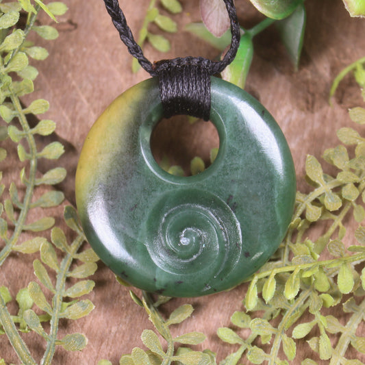 Porowhita with Koru carved from Flower Jade Pounamu - NZ Greenstone