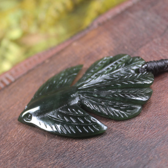 Pīwakawaka or Fantail Bird Pendant carved from Kawakawa Pounamu - NZ Greenstone