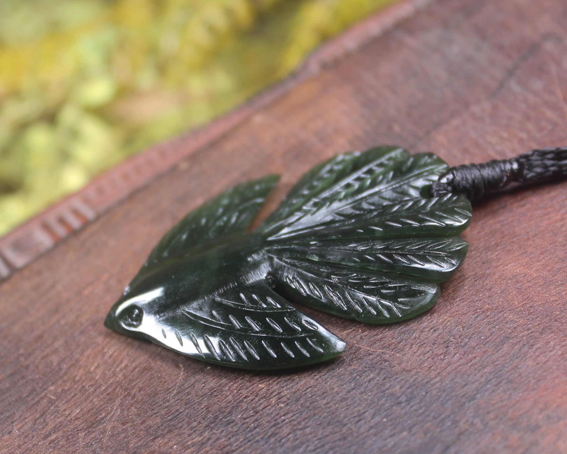 Pīwakawaka or Fantail Bird Pendant carved from Kawakawa Pounamu - NZ Greenstone