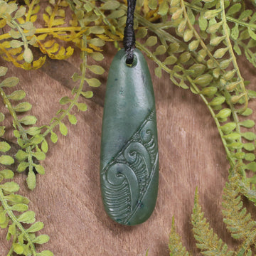 Roimata or Teardrop with Koru carved from Kawakawa Pounamu - NZ Greenstone