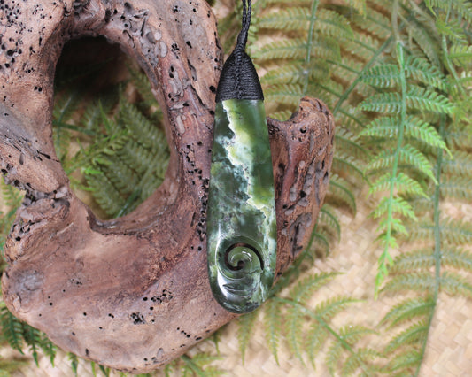 Roimata or Teardop with Koru carved from Rimu Pounamu - NZ Greenstone