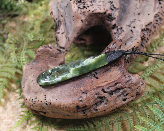 Roimata or Teardop with Koru carved from Rimu Pounamu - NZ Greenstone