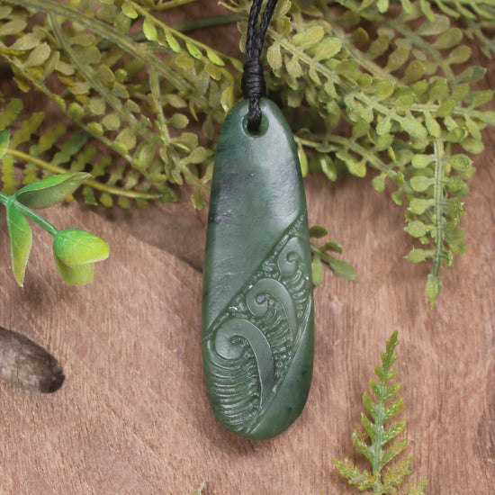 Roimata or Teardrop with Koru carved from Kawakawa Pounamu - NZ Greenstone