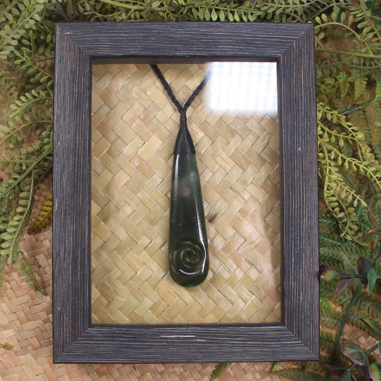 Framed Kawakawa Pounamu Roimata with Koru - NZ Greenstone
