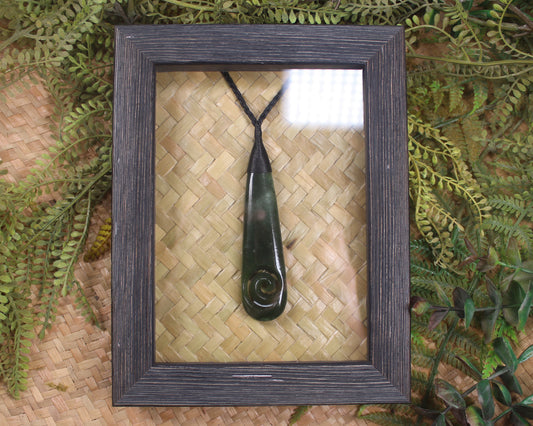 Framed Kawakawa Pounamu Roimata with Koru - NZ Greenstone