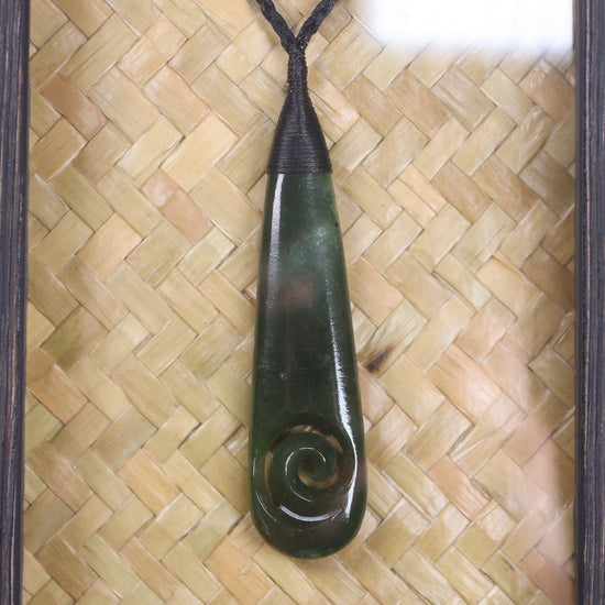 Framed Kawakawa Pounamu Roimata with Koru - NZ Greenstone