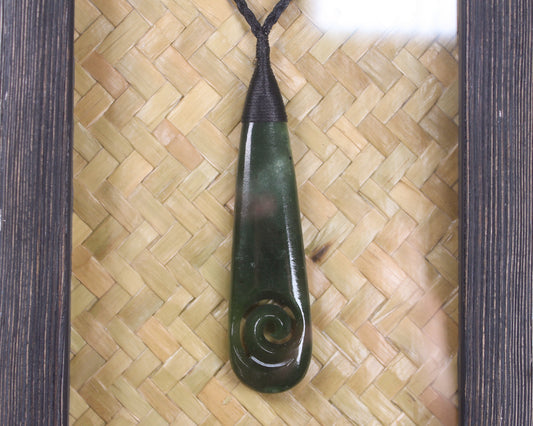 Framed Kawakawa Pounamu Roimata with Koru - NZ Greenstone