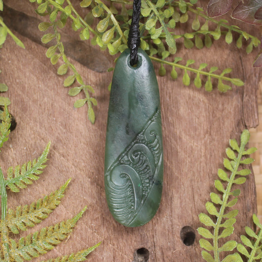 Roimata or Teardop with Koru carved from Kawakawa Pounamu - NZ Greenstone