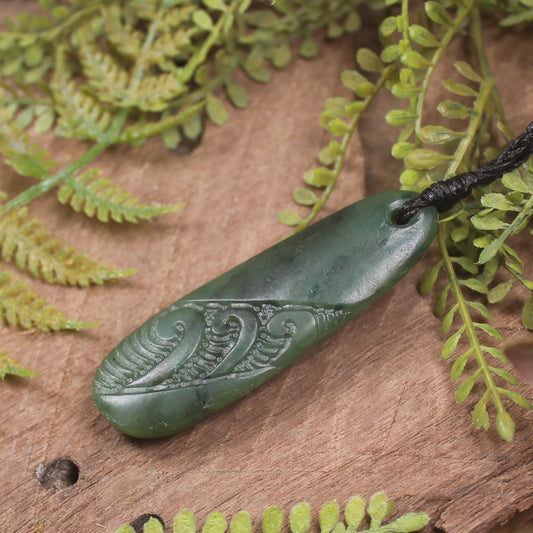 Roimata or Teardop with Koru carved from Kawakawa Pounamu - NZ Greenstone