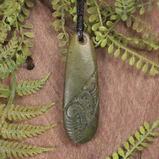 Roimata or Teardop with Koru carved from Flower Jade Pounamu - NZ Greenstone