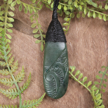 Roimata or Teardop with Koru carved from Kawakawa Pounamu - NZ Greenstone