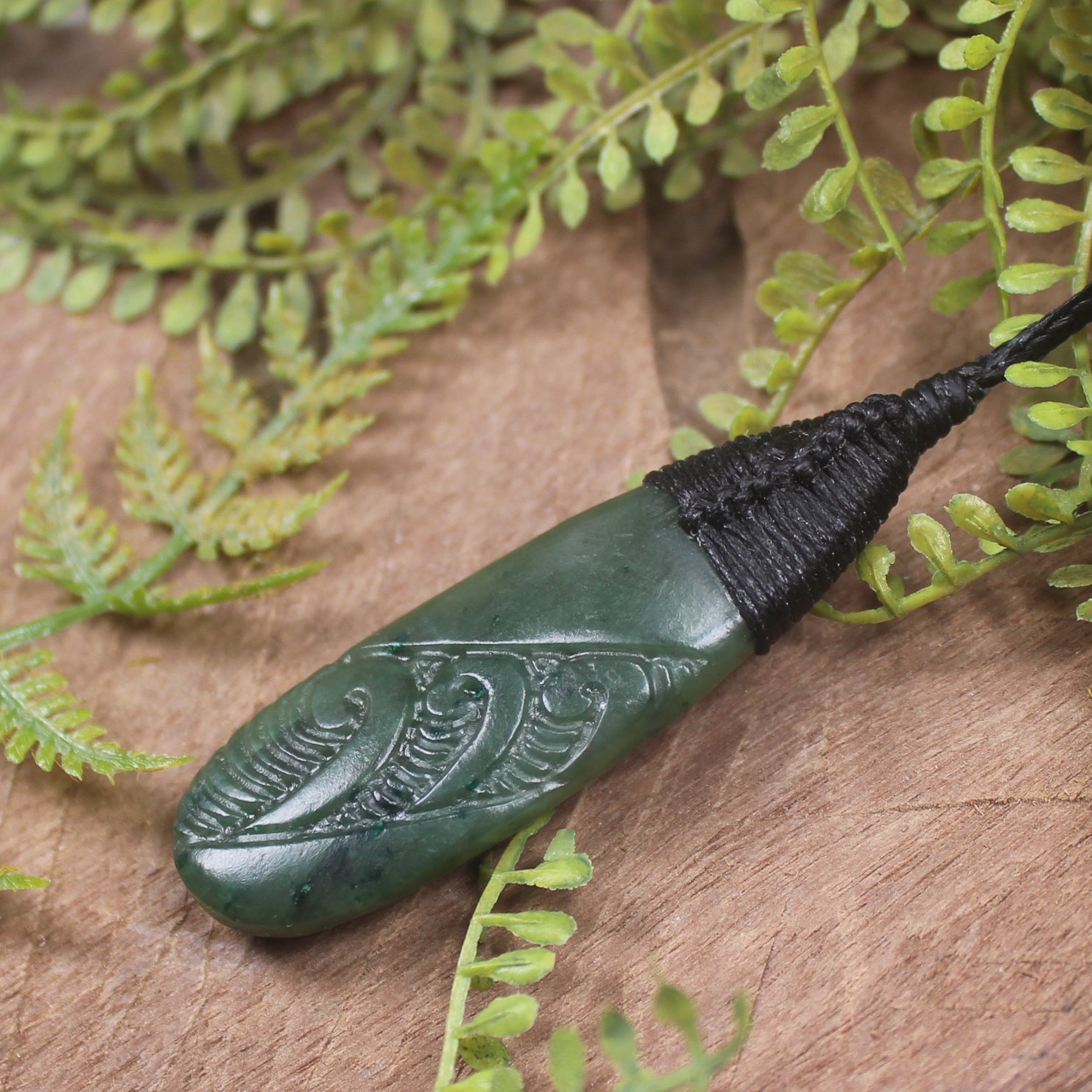Roimata or Teardop with Koru carved from Kawakawa Pounamu - NZ Greenstone