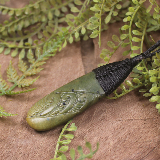 Roimata or Teardop with Koru carved from Flower Jade Pounamu - NZ Greenstone