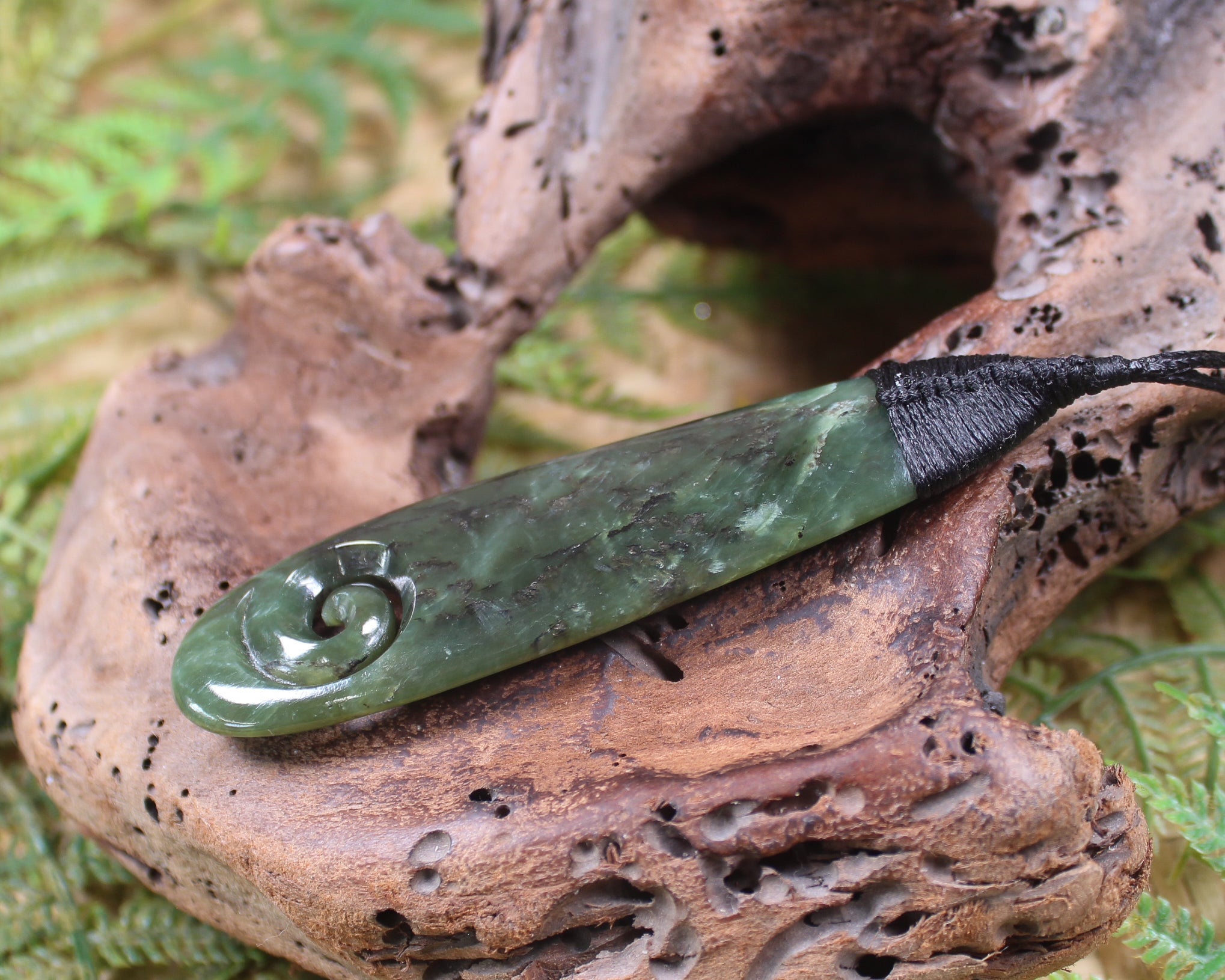 Roimata or Teardop with Koru carved from Rimu Pounamu - NZ Greenstone