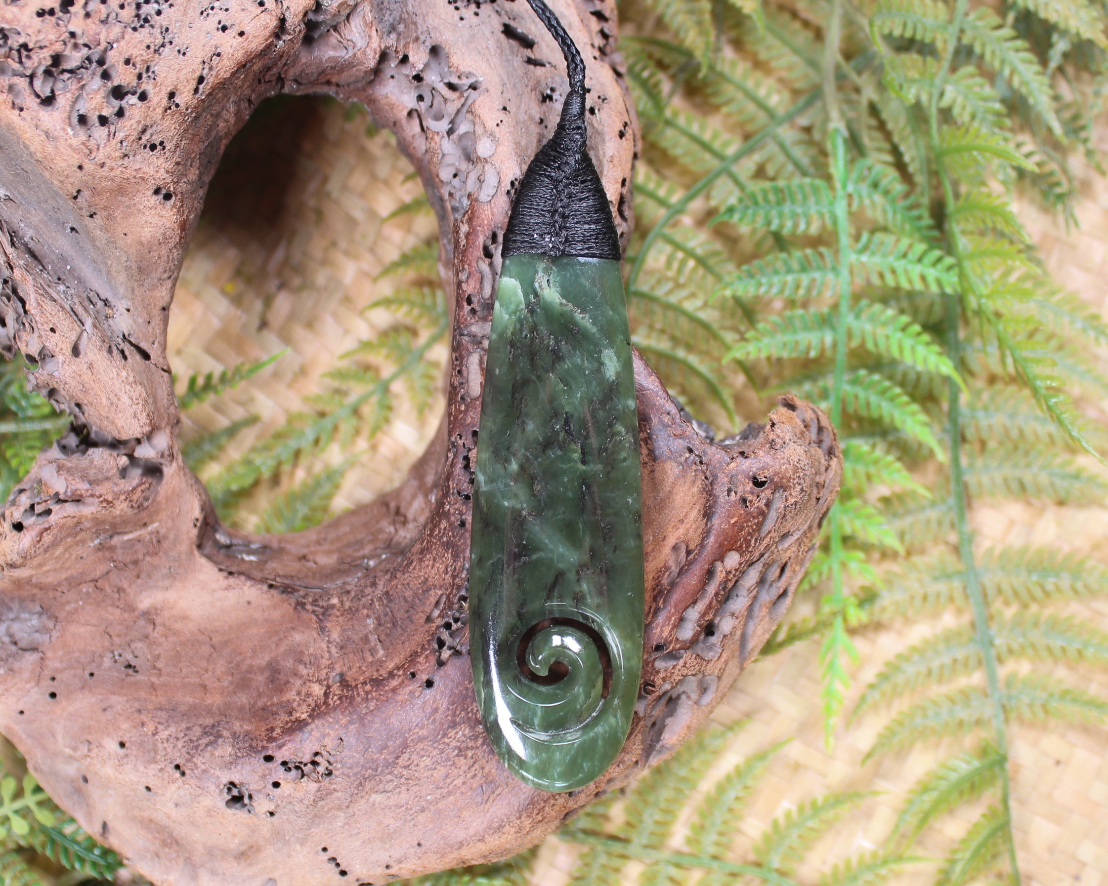 Roimata or Teardop with Koru carved from Rimu Pounamu - NZ Greenstone