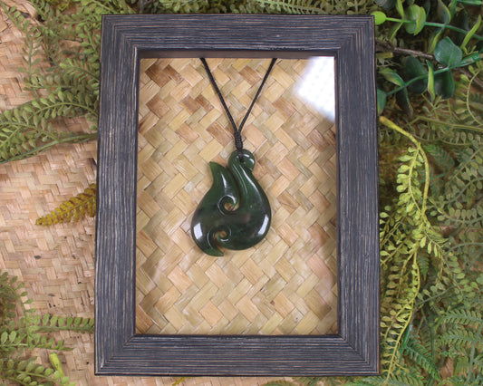 Framed Kawakawa Pounamu Matau - NZ Greenstone