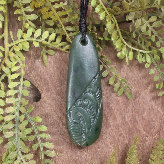 Roimata or Teardrop with Koru carved from Kawakawa Pounamu - NZ Greenstone