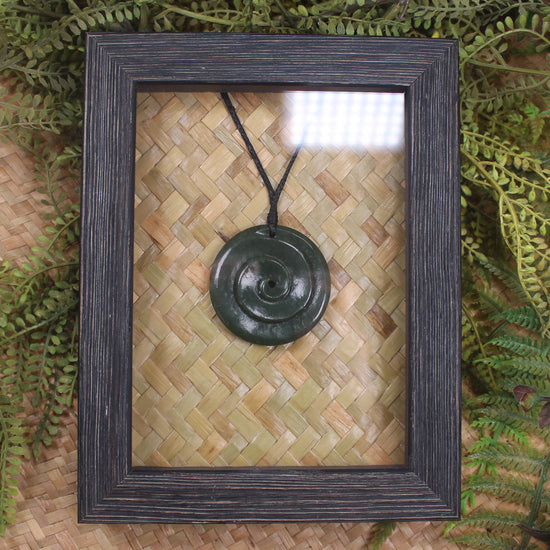 Framed Kawakawa Pounamu Koru Pendant - NZ Greenstone
