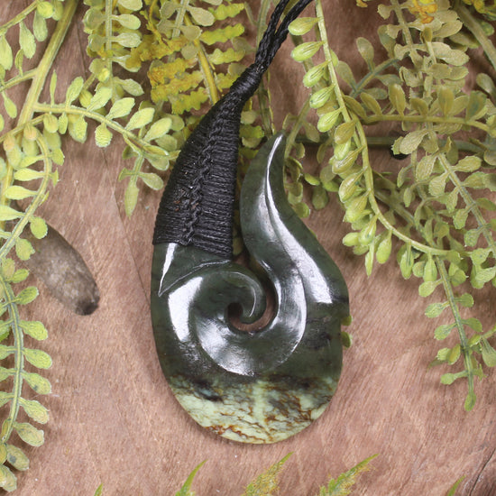 Hei Matau or Fish Hook carved from Rimu Pounamu - NZ Greenstone