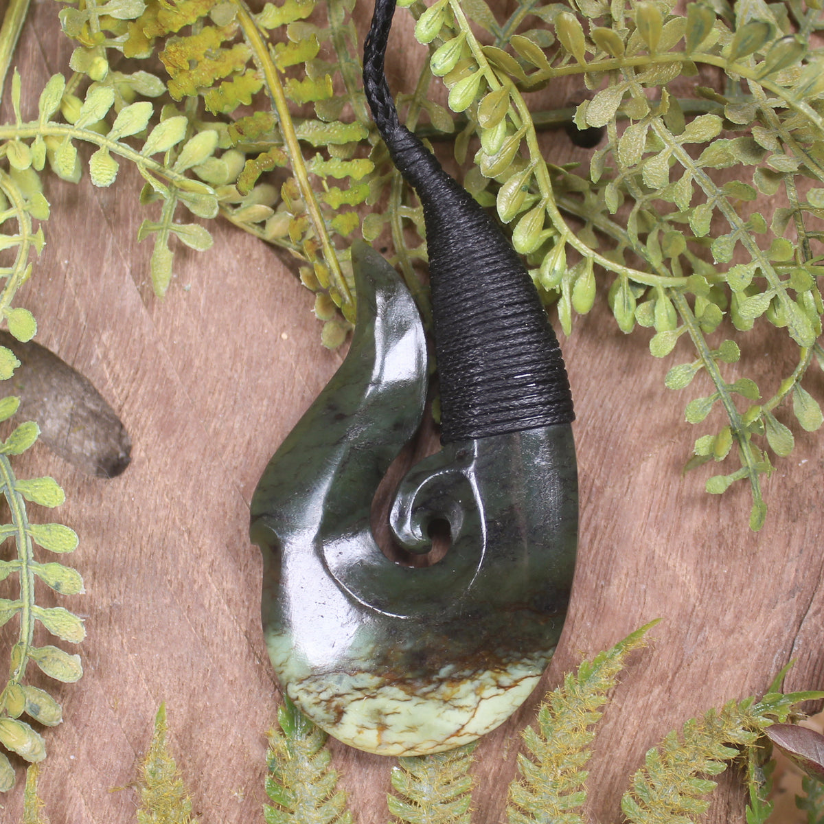 Hei Matau or Fish Hook carved from Rimu Pounamu - NZ Greenstone