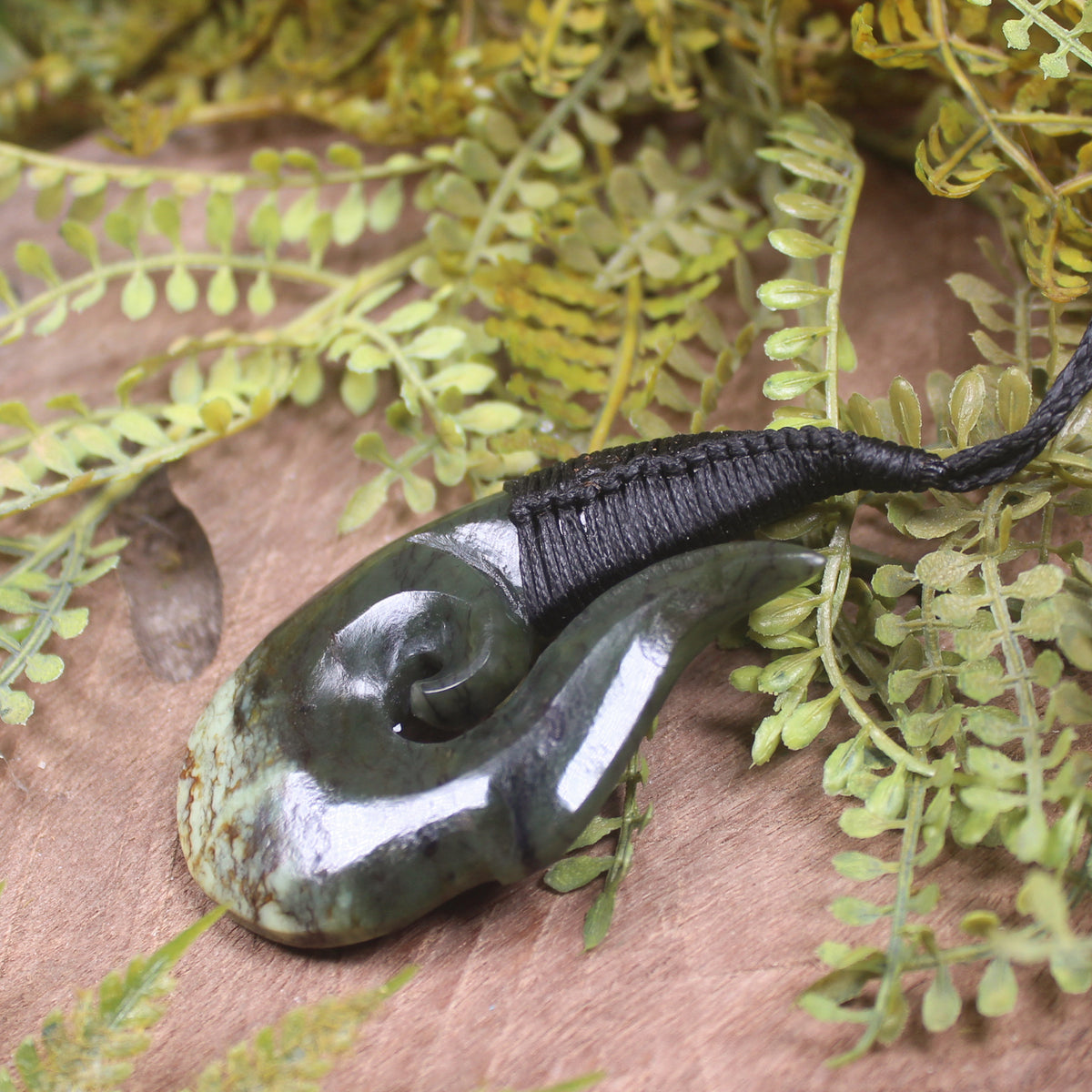 Hei Matau or Fish Hook carved from Rimu Pounamu - NZ Greenstone