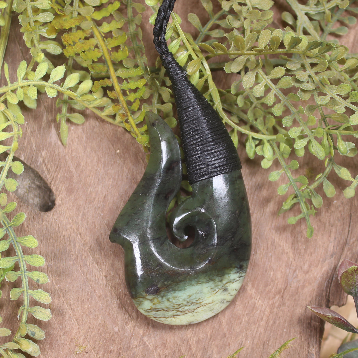 Hei Matau or Fish Hook carved from Rimu Pounamu - NZ Greenstone
