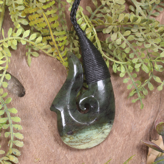 Hei Matau or Fish Hook carved from Rimu Pounamu - NZ Greenstone