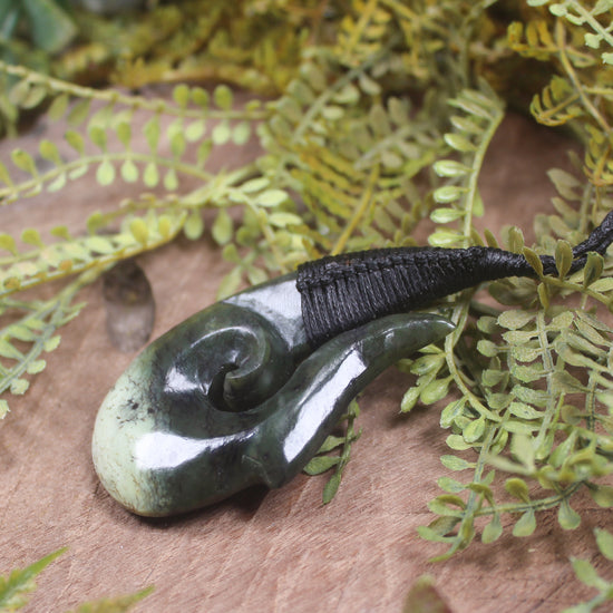 Hei Matau or Fish Hook carved from Rimu Pounamu - NZ Greenstone
