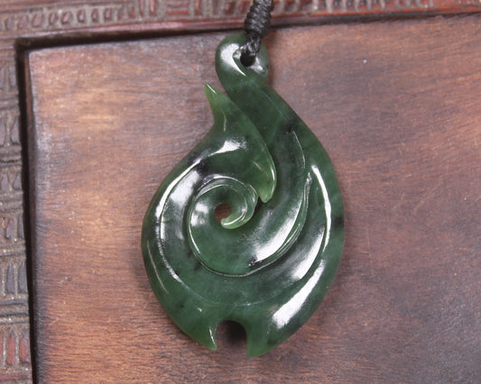 Hei Matau or Fish Hook carved from Kawakawa Pounamu - NZ Greenstone