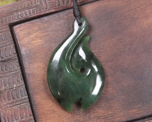 Hei Matau or Fish Hook carved from Kawakawa Pounamu - NZ Greenstone