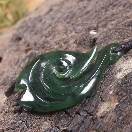 Hei Matau or Fish Hook carved from Kawakawa Pounamu - NZ Greenstone