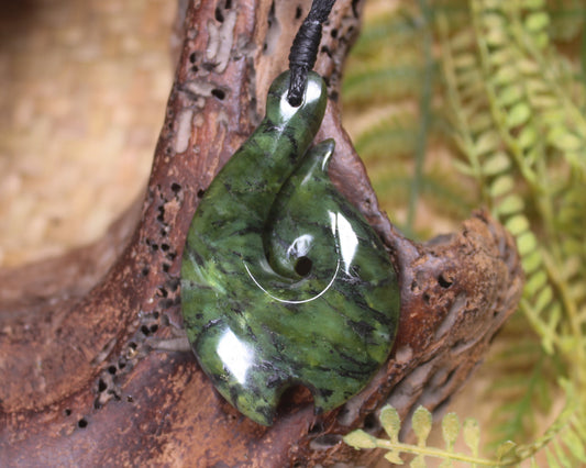 Douglas Creek pounamu hei matau pendant - NZ Greenstone