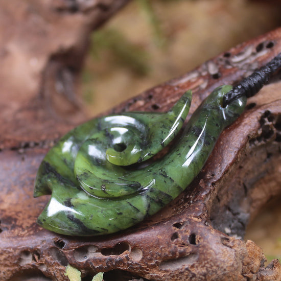 Douglas Creek pounamu hei matau pendant - NZ Greenstone