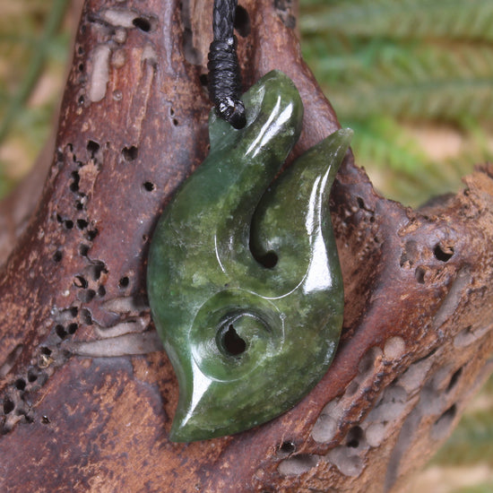 Hei Matau or Fish Hook carved from Hapopo Pounamu - NZ Greenstone