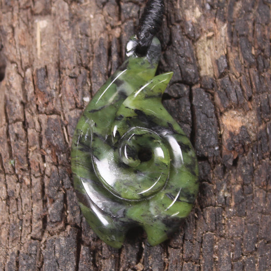 Douglas Creek pounamu hei matau pendant - NZ Greenstone
