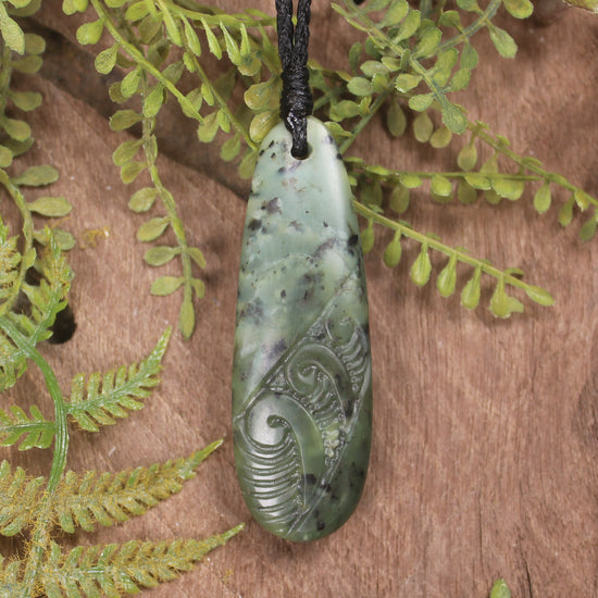 Roimata or Teardop with Koru carved from Rimu Pounamu - NZ Greenstone