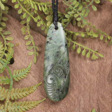 Roimata or Teardop with Koru carved from Rimu Pounamu - NZ Greenstone