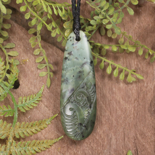 Roimata or Teardop with Koru carved from Rimu Pounamu - NZ Greenstone