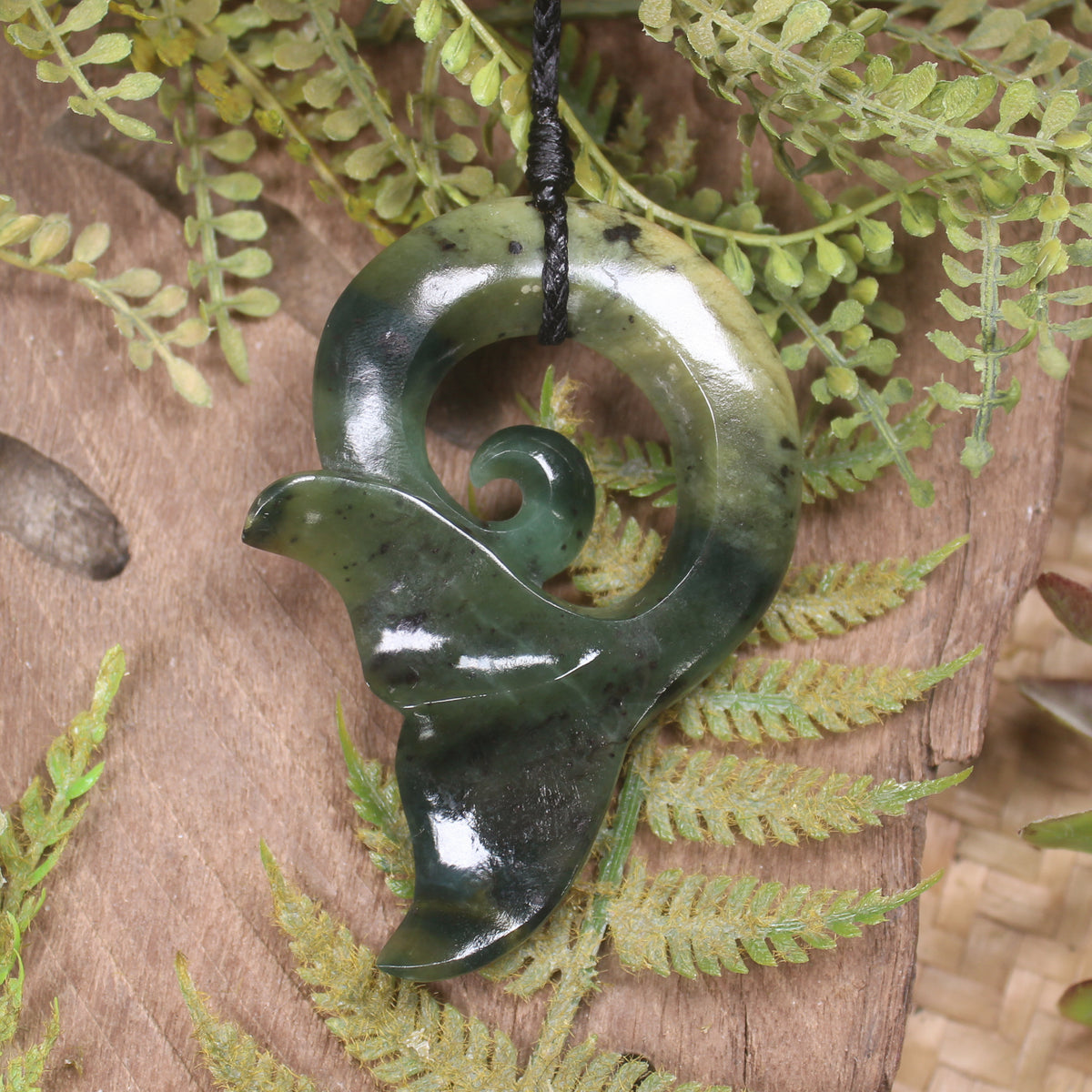 Whale Tail carved from Rimu Pounamu - NZ Greenstone