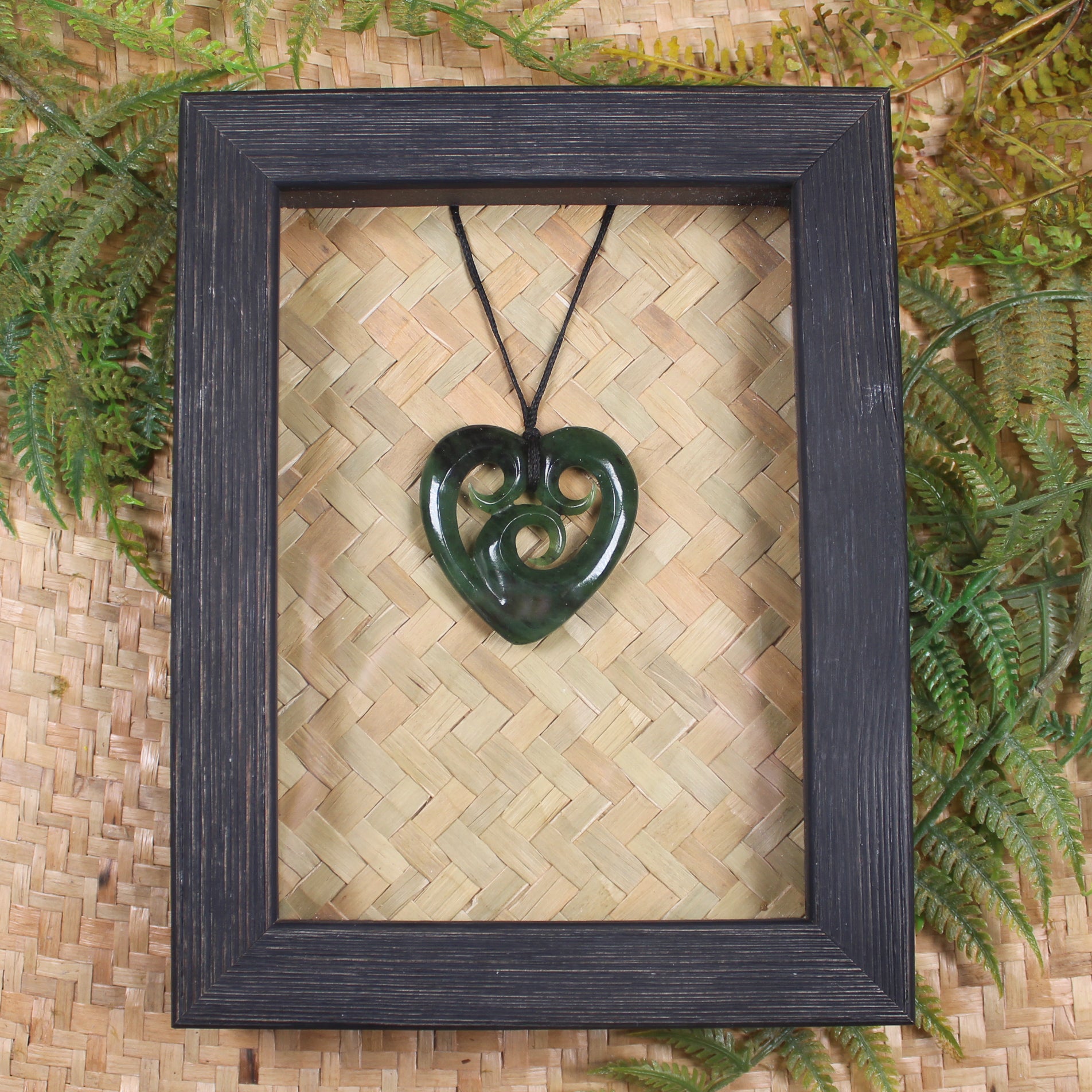 Framed Hapopo Pounamu Koru Heart Pendant - NZ Greenstone